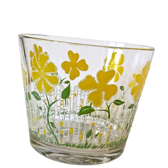 Culver Mod‎ Yellow Flower Picket Fence Clear Glass Ice Bowl Bucket MCM - Picture 2 of 13